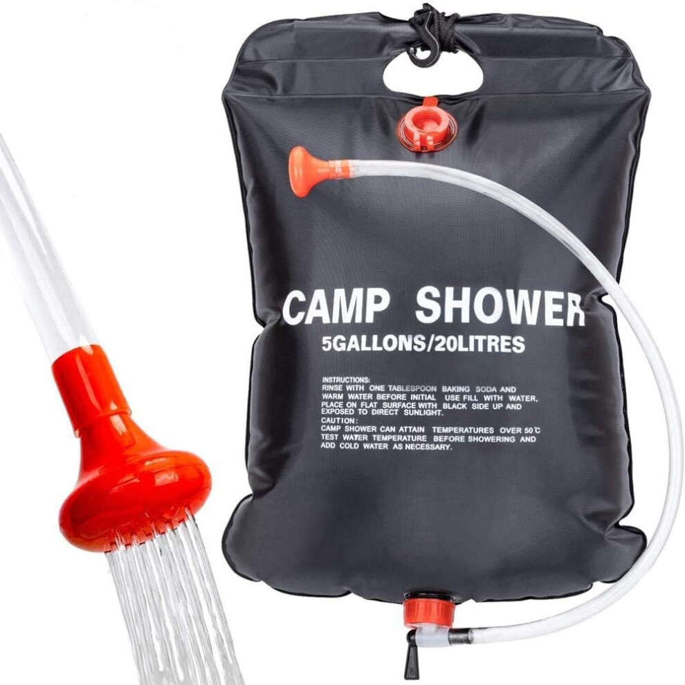 Camping Solar Shower Bag 20L Portable Solar Heated Travel Hot Water with 45C Detachable Hose Switchable Shower Head for Hiking, Climbing