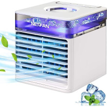 Mini Portable Air Cooler, NexFan Mini Portable Air Conditioner Fan 4 in 1 Personal Evaporative Cooler, Humidifier with 7 Color LED Light (White)