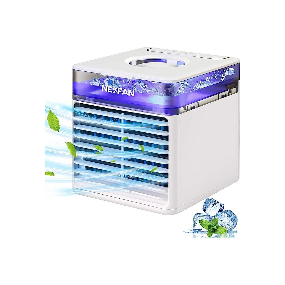 Mini Portable Air Cooler, NexFan Mini Portable Air Conditioner Fan 4 in 1 Personal Evaporative Cooler, Humidifier with 7 Color LED Light (White)