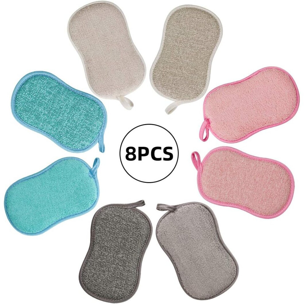 Set of 8 Washable Dishwashing Sponge The Kitchen Antibacterial Reusable Microfiber Scouring Pads Double Sponge Sponge for Nonstick Pots Pans Pots