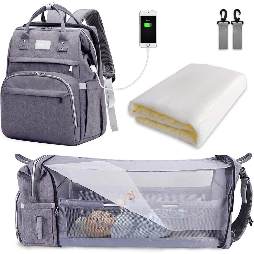 Baby Diaper Bag Backpack, Large Capacity Diaper Bags, Portable Travel Diaper Bag with Foldable Bed, Crib Backpack (Gray)