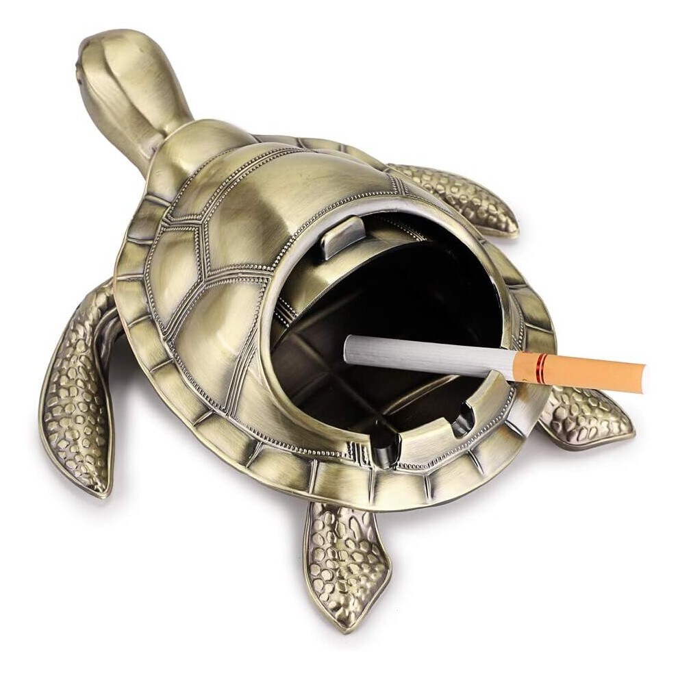 Metal Retro Turtle Ashtray with Windproof Cover, Indoor and Outdoor (Bronze Green)