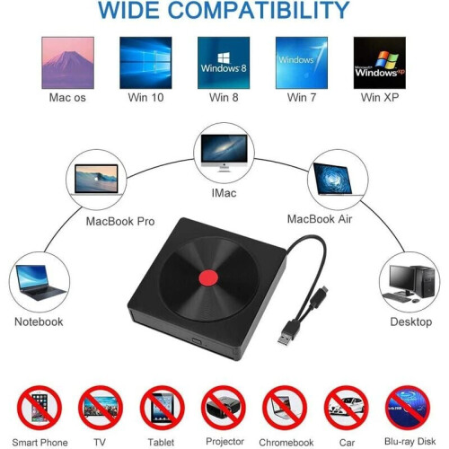 External DVD Drive, Portable USB 3.0 and Type C Burner CD/VCD/DVD/CD-ROM Card Reader USB DVD Drive for Windows and Mac IOS Desktop Computer 2