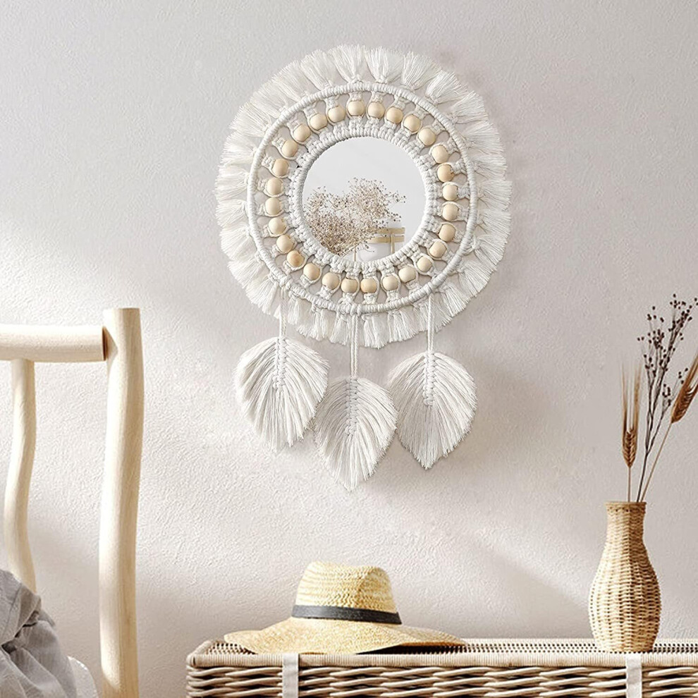 Macrame Wall Hanging Mirror with Fringe Round Wall Decorative Mirror Feather Pendant Art Ornament for Apartment Home Bedroom Living Room