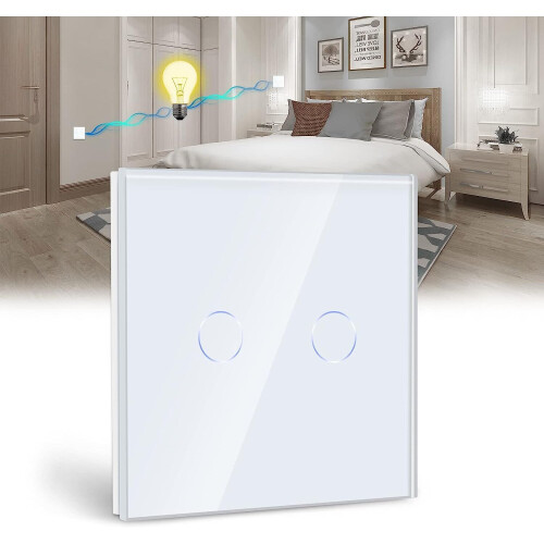 Toggle Switch,White 2 Gang 2 Way Light Switch with LED Display Light,Tact Switch with Touch Sensor Crystal Glass Panel-No Neutral Wire