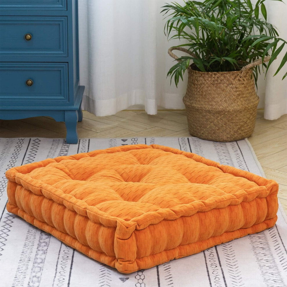 Floor Cushion Pouf, Square Floor Cushion, Chenille Meditation Cushion, Thick Tufted Pillows for Living Room Yoga Bedroom Sofa, Orange, 19"x19"x4