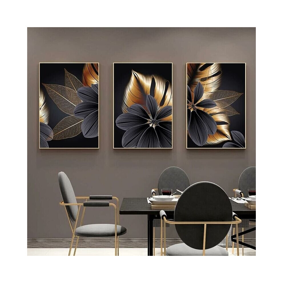 Set of 3 Canvas Posters - Pattern: Plant Leaf - Black - Modern Print - Wall Decor - Wall Painting 30*40cm - Triumph