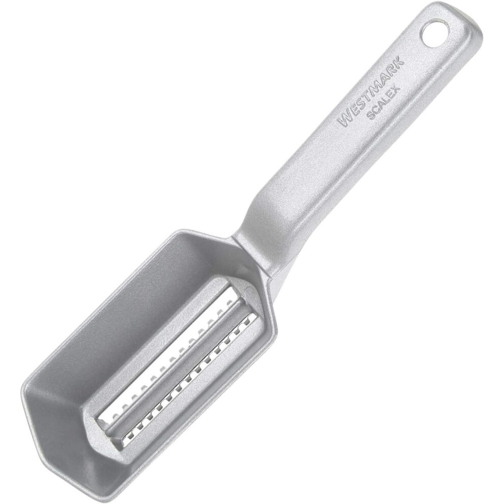 Fish scaler with scale collection tray, aluminium, special food-grade coating, stainless steel, 21 x 5.9 x 5.3 cm, Scalex, silver, 65002260