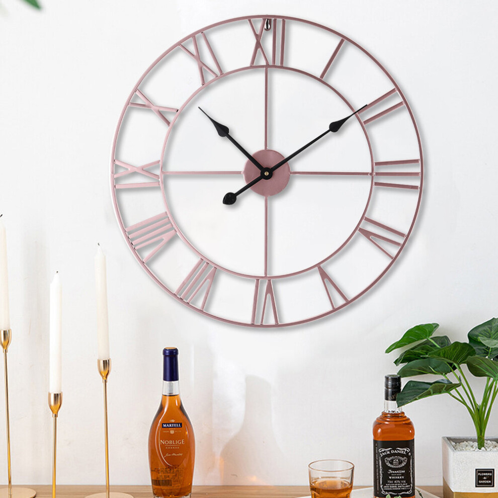 60CM Metal Round Roman Numerals Wall Clock Rose Gold