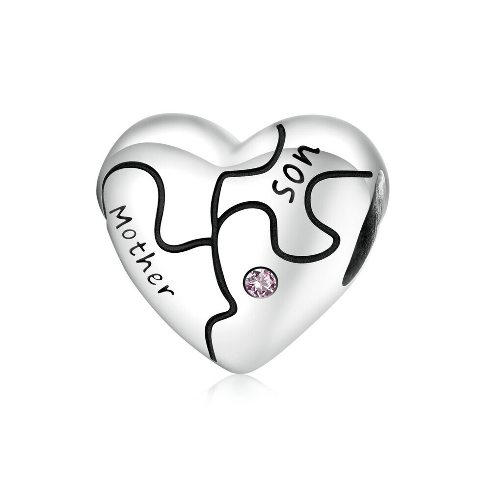 Mother & Son Charm Bead Love Heart With Cubic Zirconia Genuine 925 Sterling Silver Compatible With Pandora Bracelets
