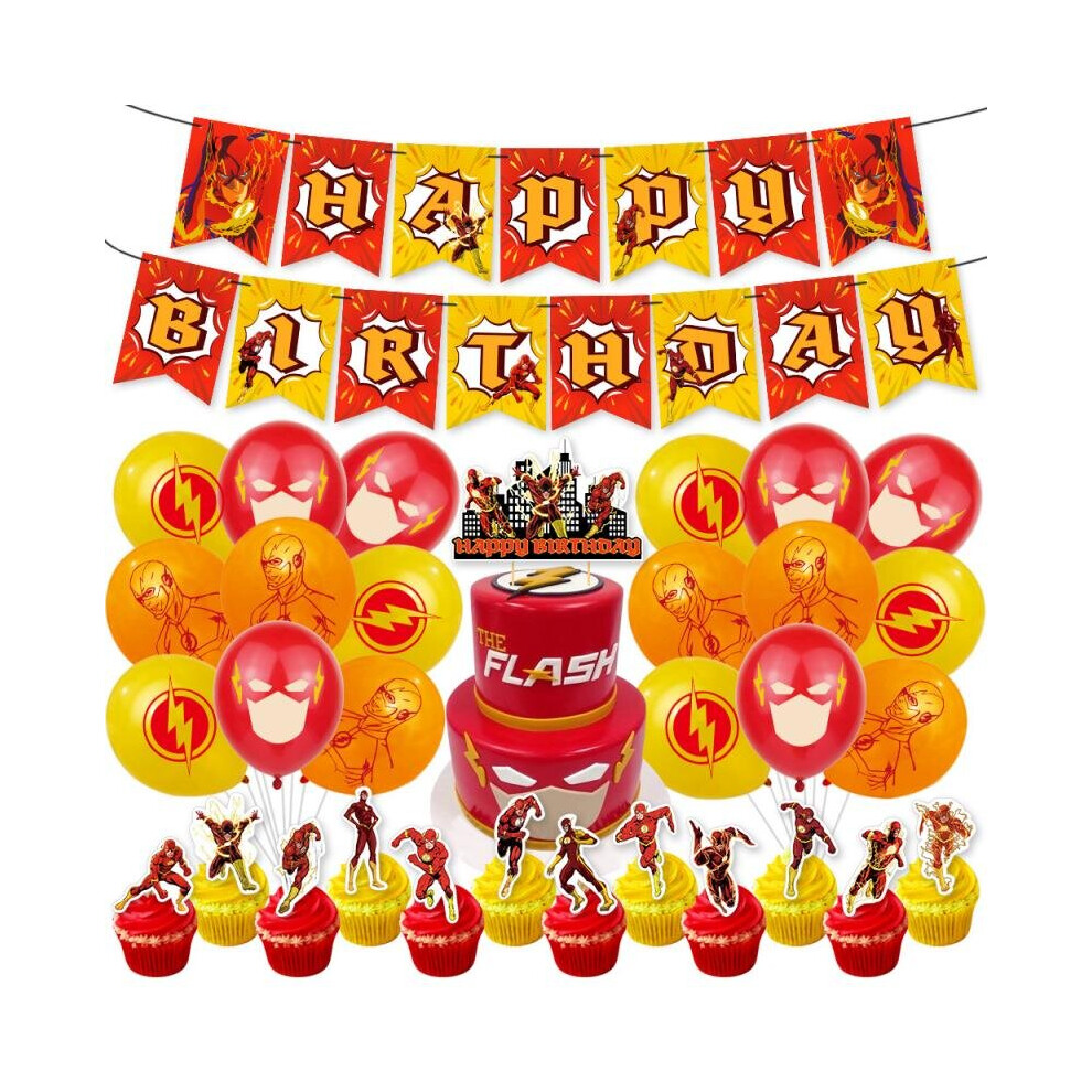 (Set) Flash Kid The Birthday Party Supplies Home Decor Banner Balloons Cake Topper Kit