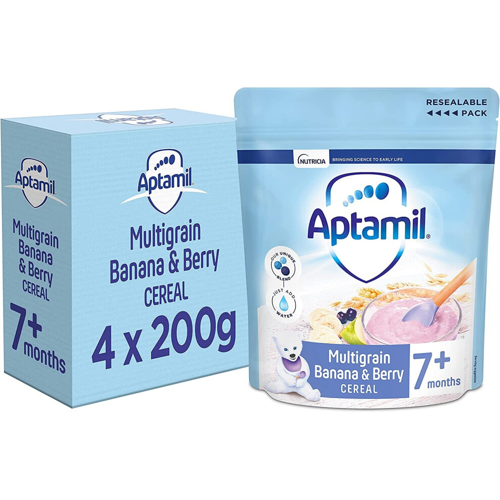 Aptamil Multigrain Banana & Berry Porridge Baby Food Cereal, 7+ Months, 200g (Pack of 4)