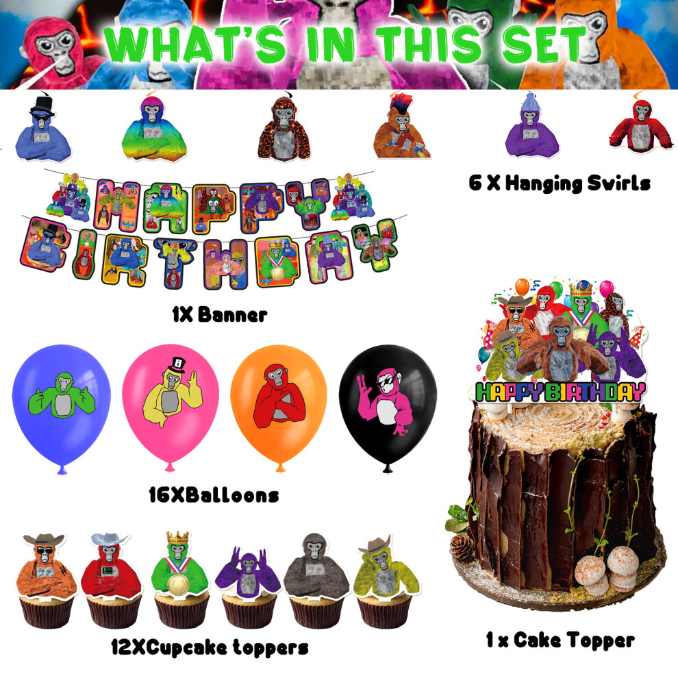 (5Pcs Set) Gorilla Tag Birthday Party Supplies Decoration Set Balloons Banner Cake Toppers
