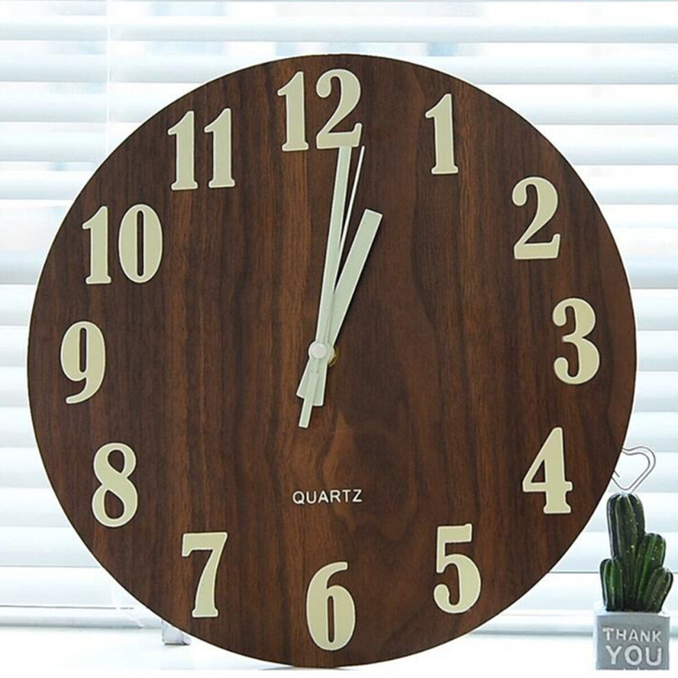 (Walnut Color) 12'' Glow In The Dark Mute Wood Wall Clock For Home Living Room Outdoor Gifts