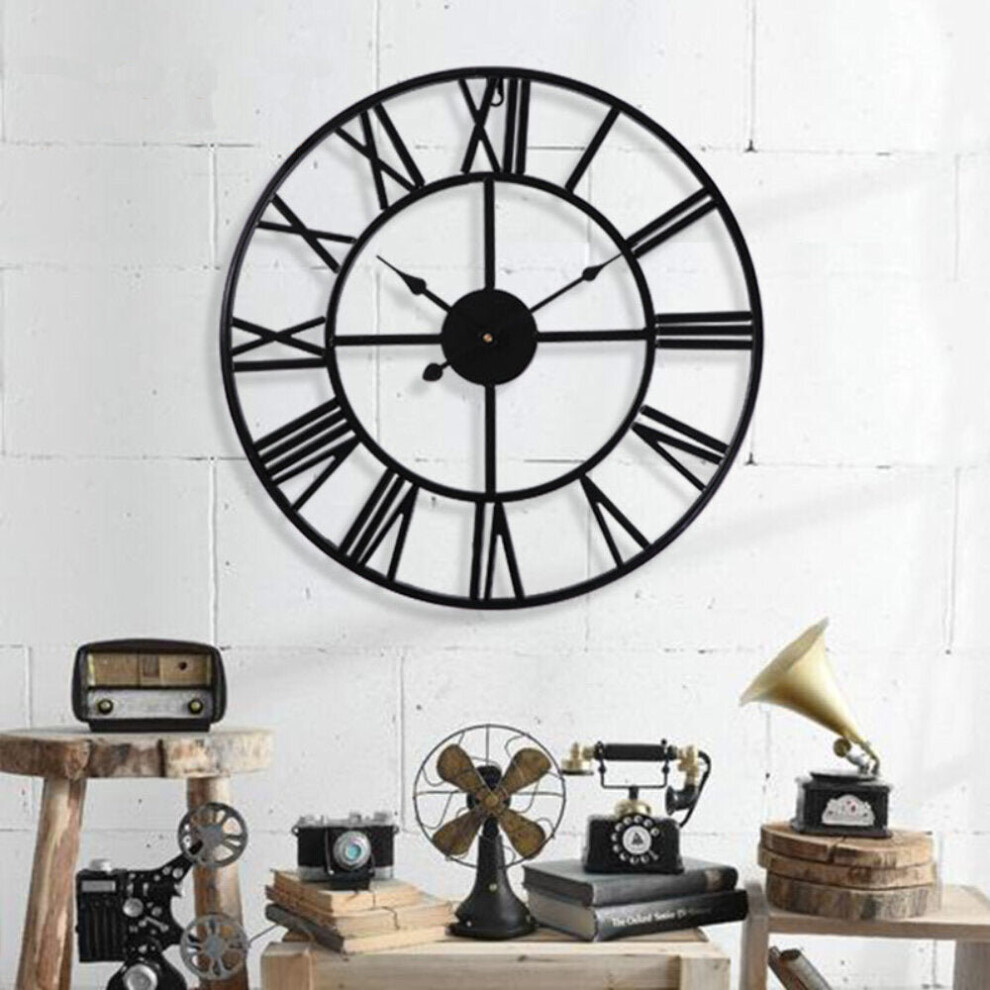 (50cm) 40cm/50cm Black European Creative Wall Clock Vintage Decorative Wrought Iron Roman Wall Clock Silent Clock