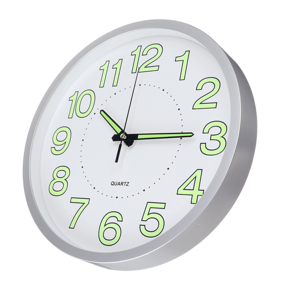 (Silver) 12'' Luminous Wall Clock Glow In The Dark Silent Quartz Indoor Outdoor Home