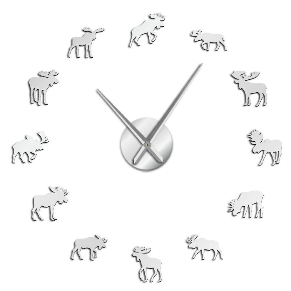 (Silver) 47 Inch Wildlife Moose DIY Giant Wall Clock Moose Silhouette Decorative Frameless Wall Watch Modern Nature Animal Wall Art Hunting Clock