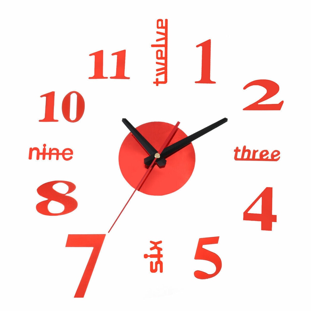 (Red 50-60 cm) 50-60CM/100-120CM 3D Vintage DIY Silent Mirror Wall Clock For Home Art Decor