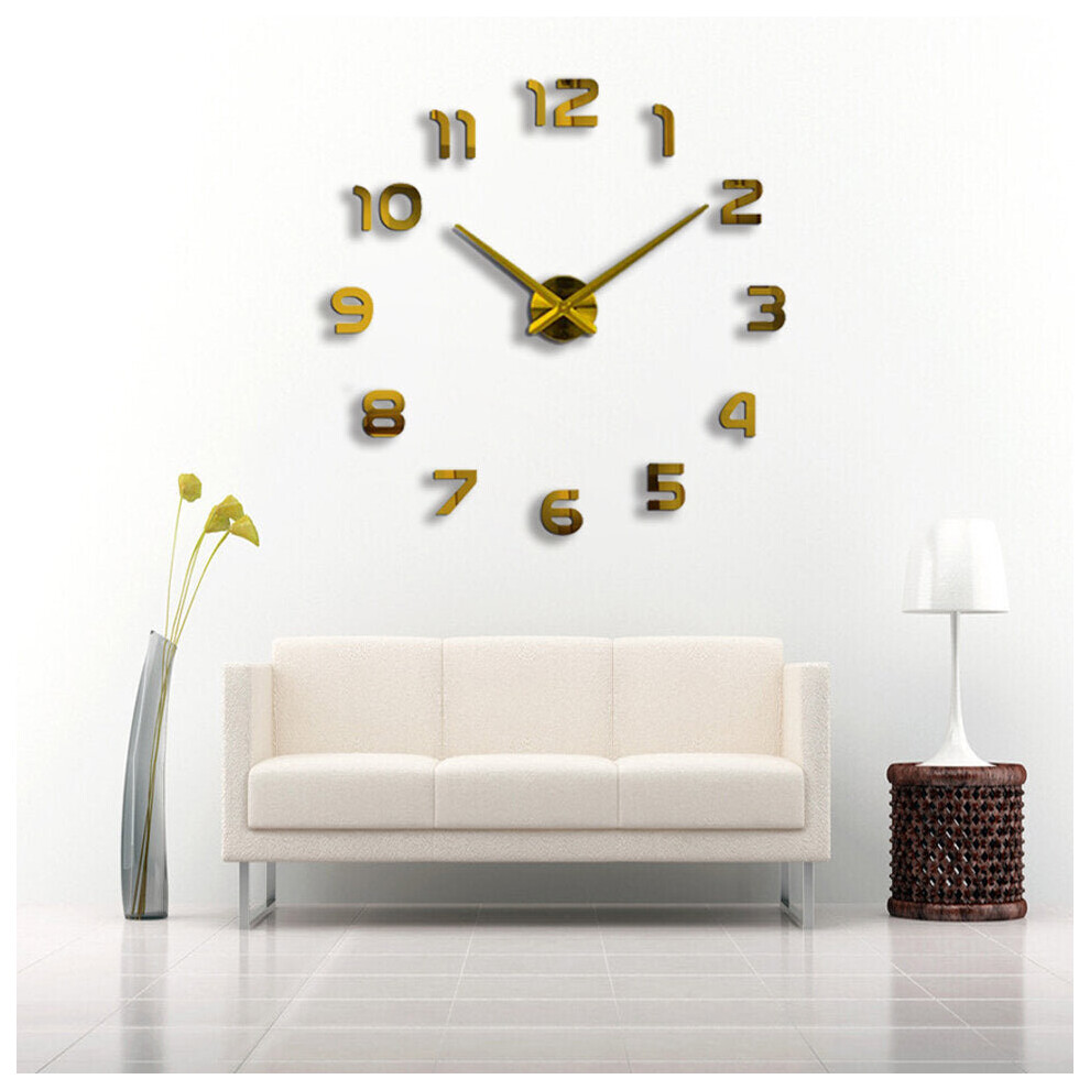 (Gold) 3D Frameless Wall Clock Modern Mute Large Mirror Surface DIY Room Home Office Decorations