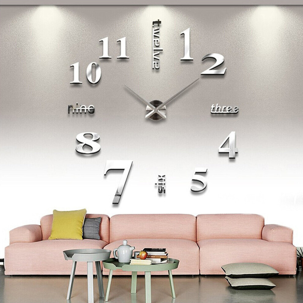 (Silver) 3D Modern Wall Clock Mirror Sticker Unique Big Number Watch Acrylic Number Wall Clock for Home Decoration