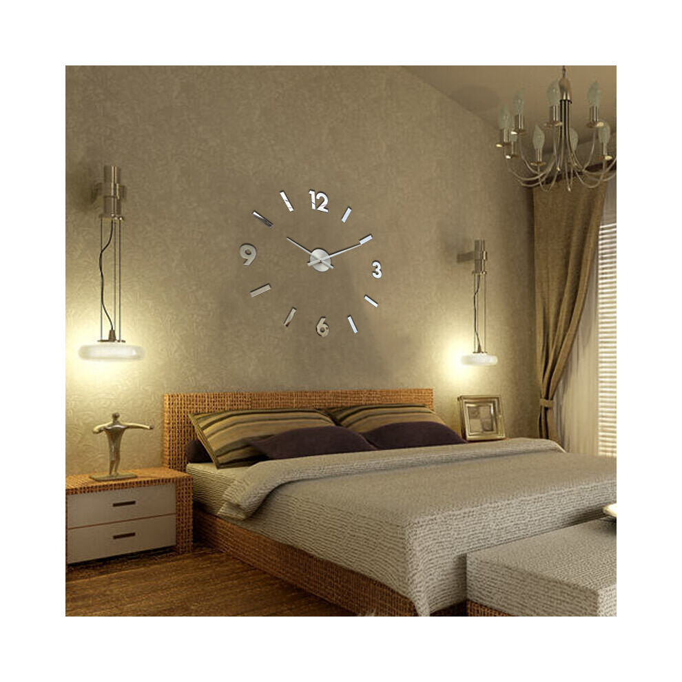 (Silver) 3D Wall Clock Modern Large Home Decor Sticker Frameless Black Mirror