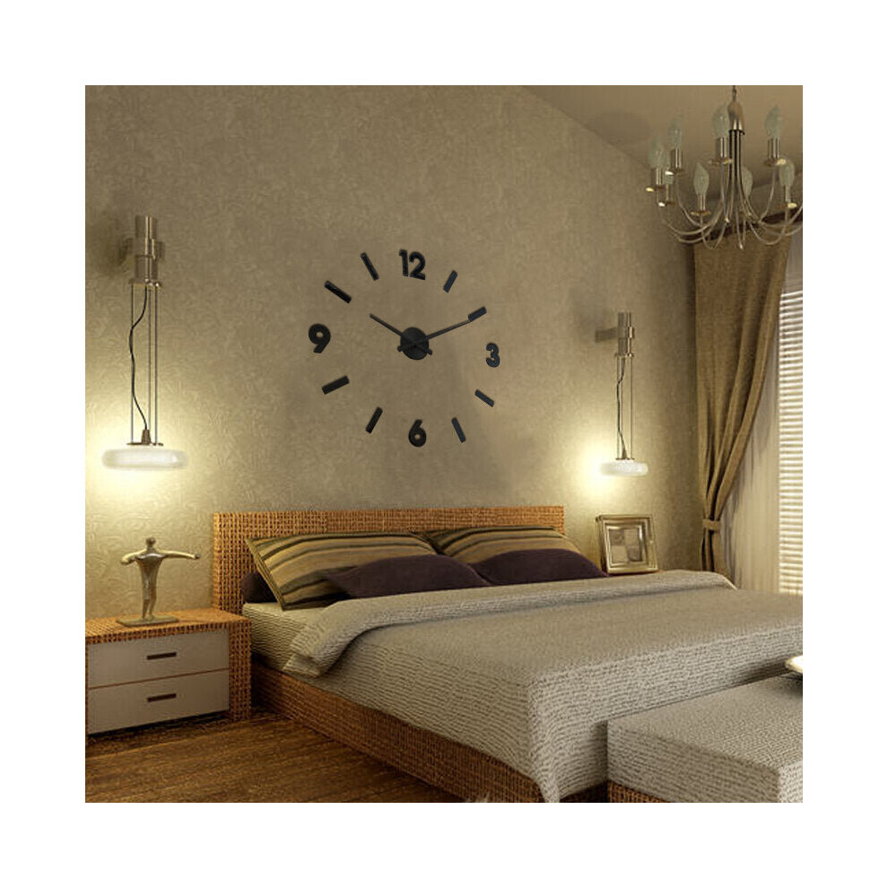 (Black) 3D Wall Clock Modern Large Home Decor Sticker Frameless Black Mirror