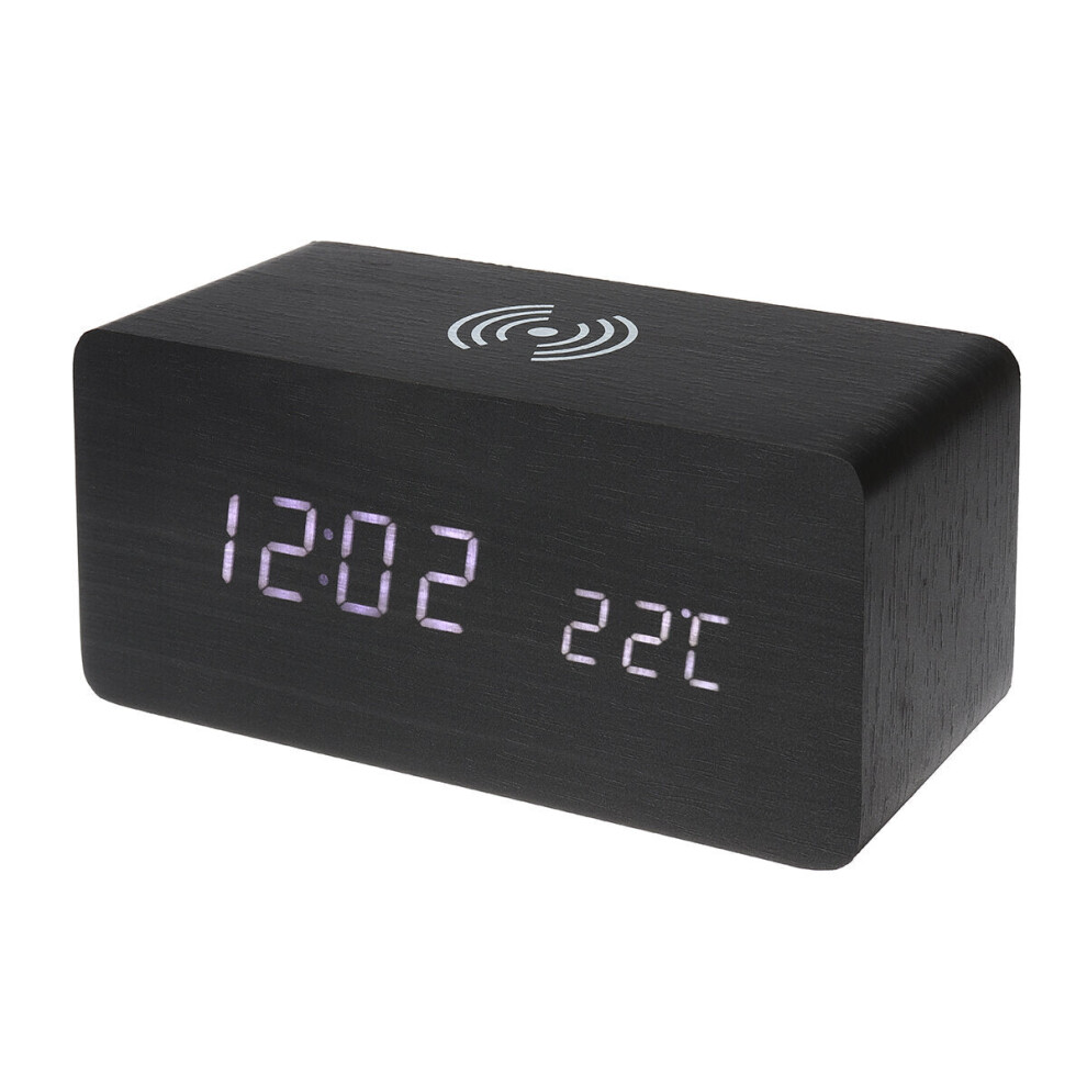 (Black) 3 in 1 Qi Wireless Charger & LED Digital Alarm Clock & Thermometer Modern Wooden