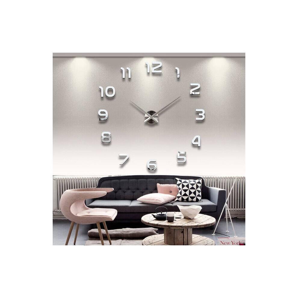 (Silver) 3D Frameless Wall Clock Modern Mute Large Mirror Surface DIY Room Home Office Decorations