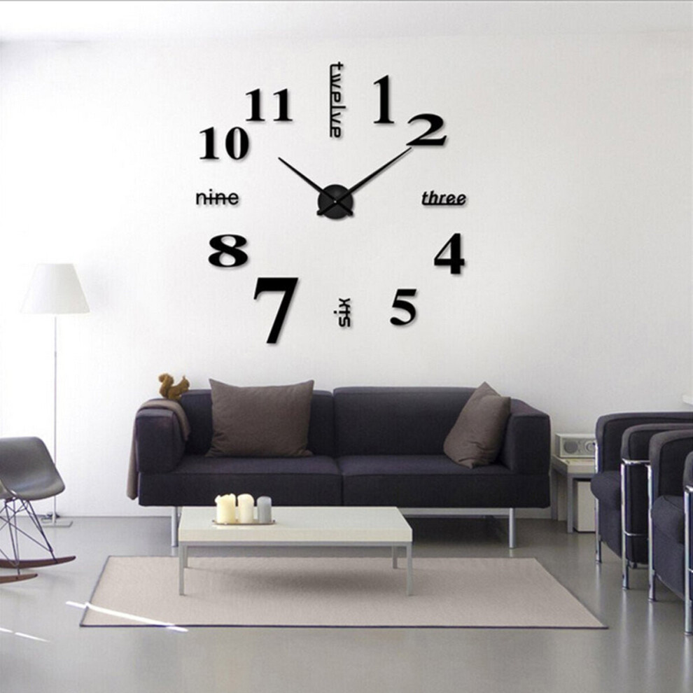 (Black) 3D Modern Wall Clock Mirror Sticker Unique Big Number Watch Acrylic Number Wall Clock for Home Decoration