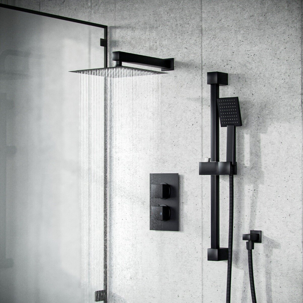 Matte Black Voilet 2 Dial Thermostatic Mixer Outlet Square Shower Rail & Handset