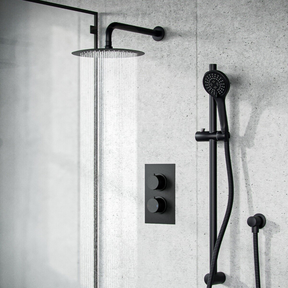 Violet 2 Dial 2 Way Thermostatic Mixer, 200mm Rainfall Shower Head, Slider Rail & Handset Matte Black