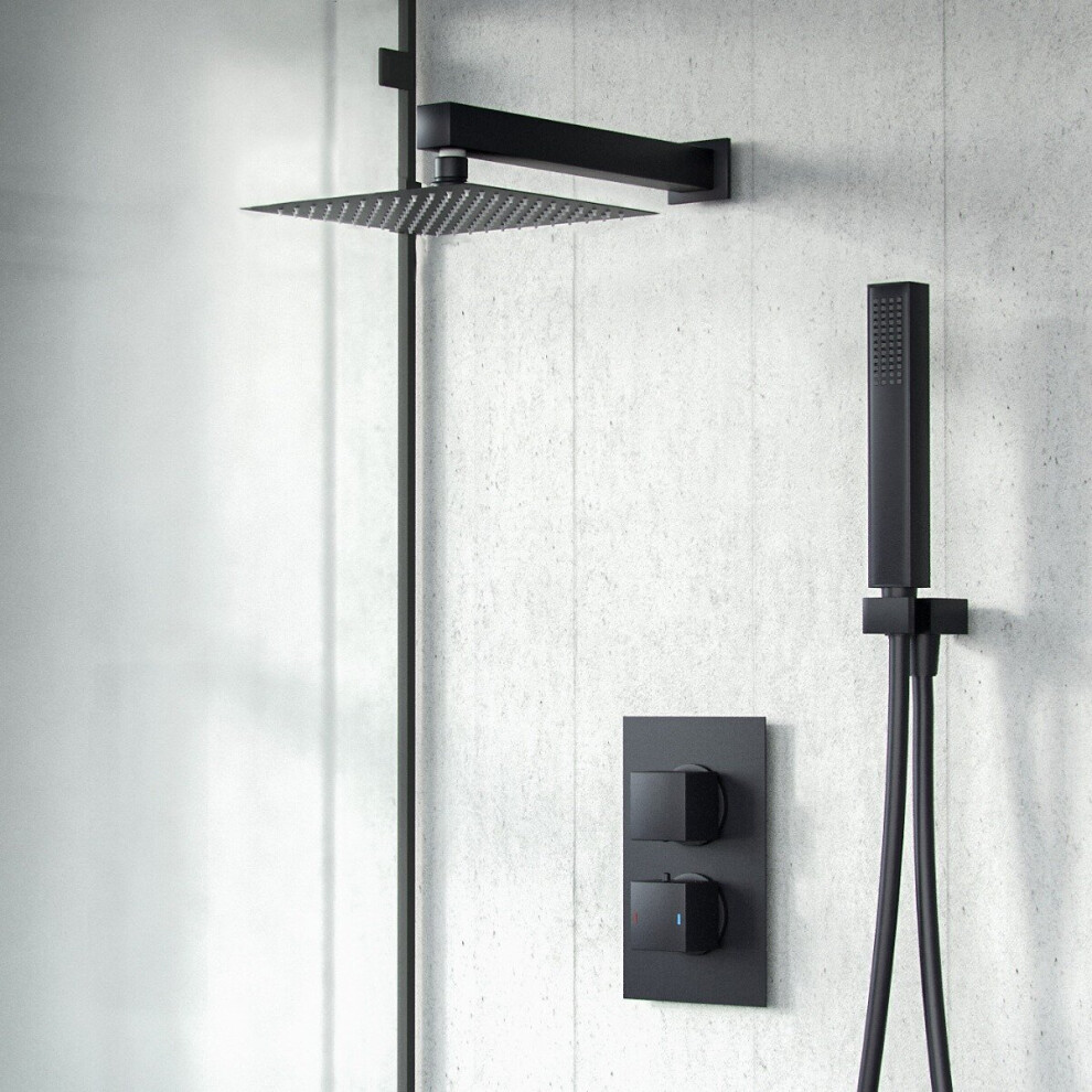 Voilet 2 Dial 2 Outlet Square Concealed Thermostatic Mixer Valve, Shower Head & Handset Matte Black