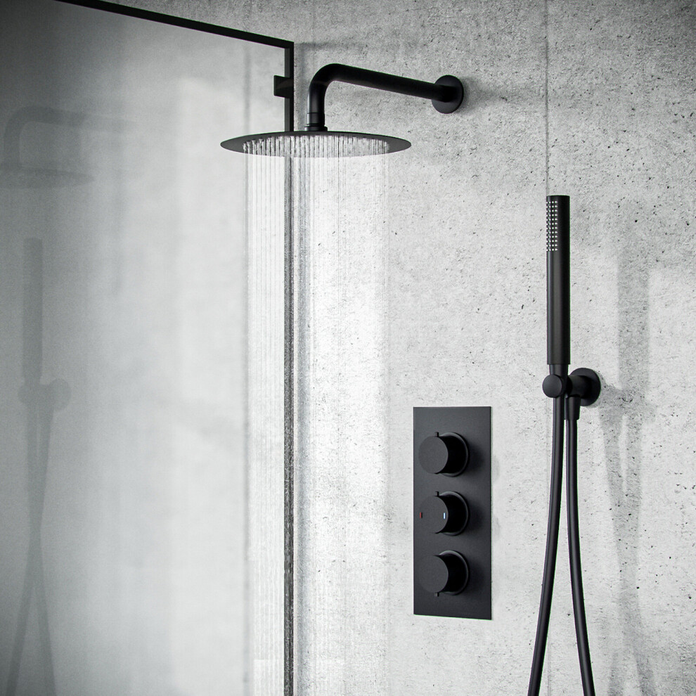 2 Way Thermostatic Shower Valve with Handset, Head & Arm Set Matte Black |Temel