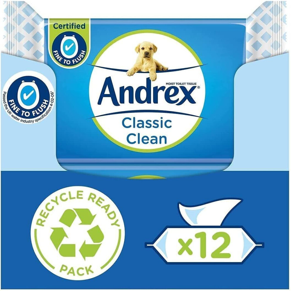 Andrex Classic Clean Washlets - 12 Packs - Flushable Toilet Tissue Wet Wipes with Micellar Water - Biodegradable & Plastic- Andrex Toilet Roll