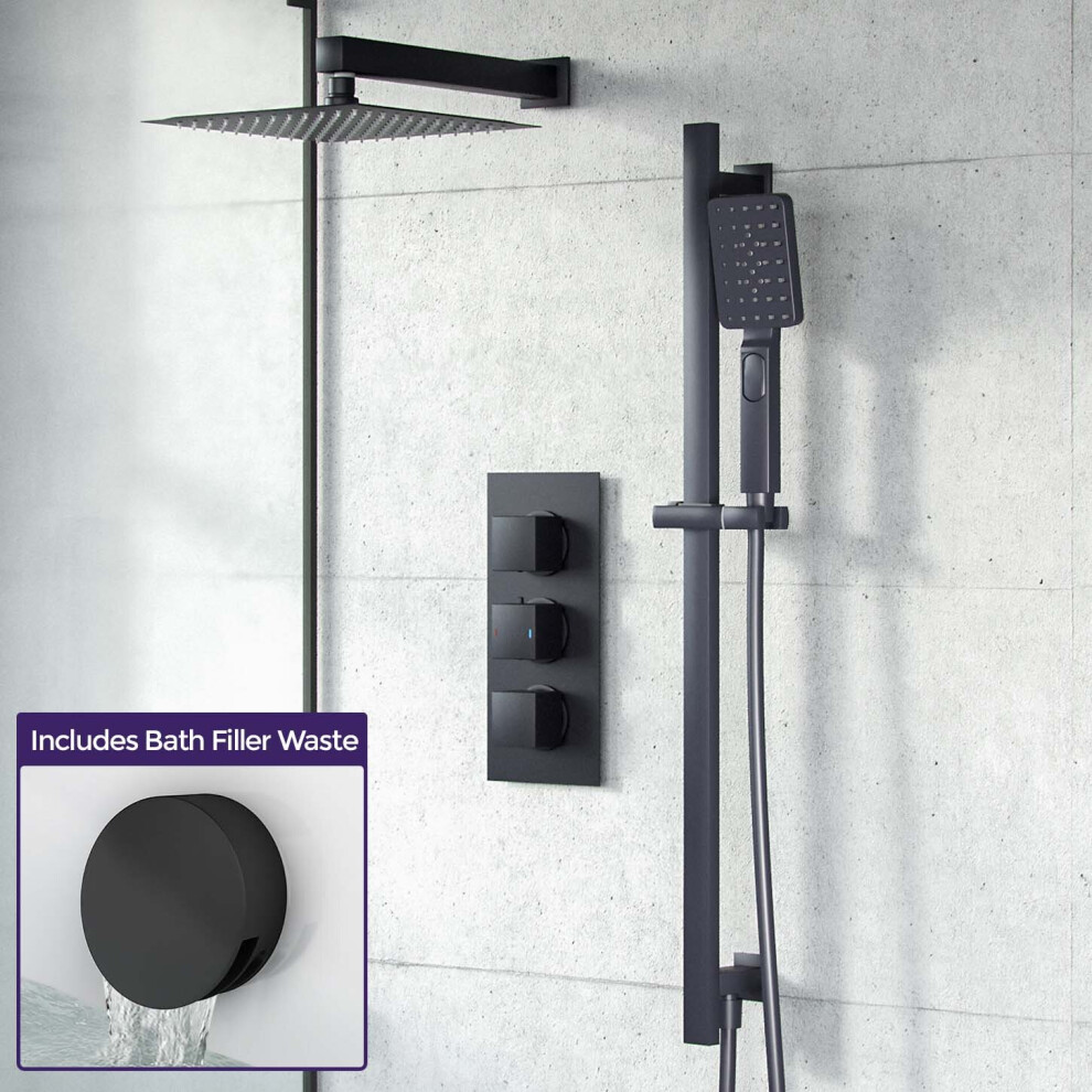 200mm Matte Black Shower 3-Way Mixer Valve + Handheld with Bath Filler Set