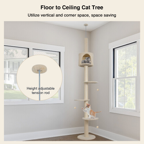 ELECWISH Floor to Ceiling Cat Tree Tower Climbing Activity Center w/Condo Beige 2