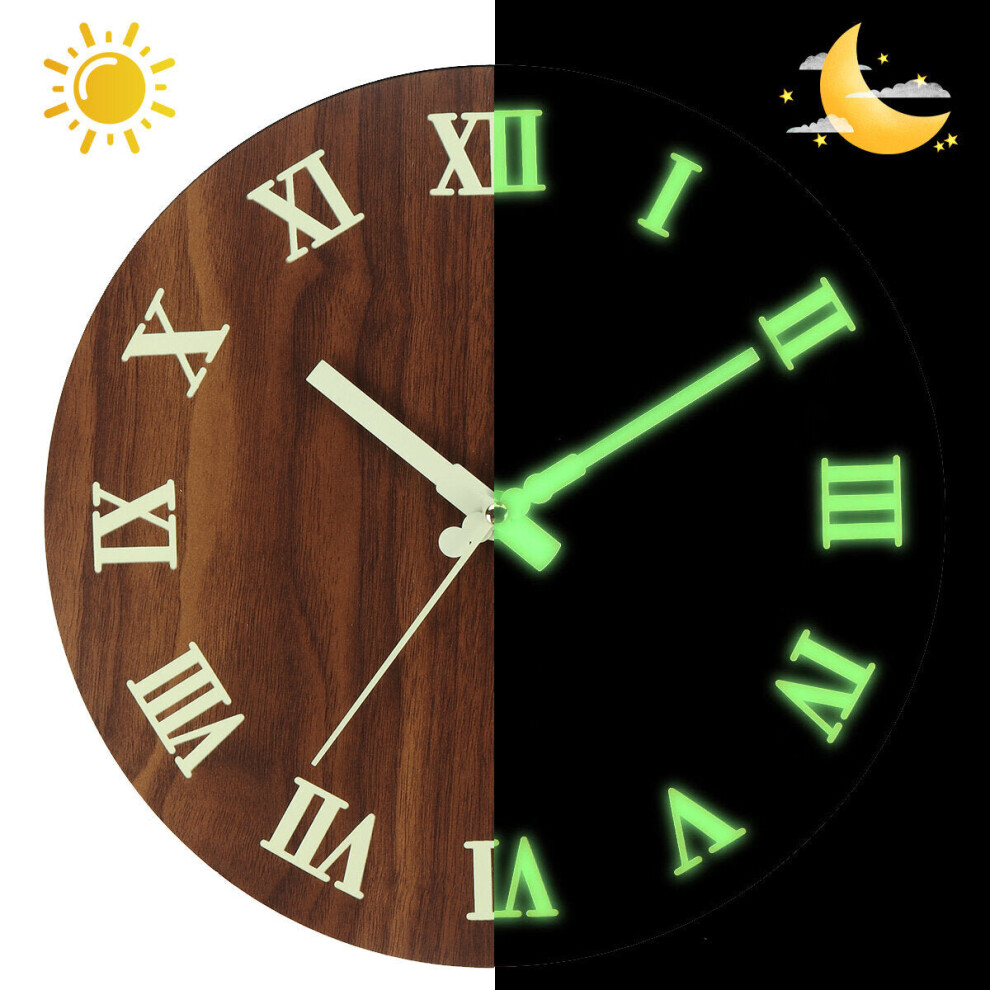 12Inch Dark Brown Wood Luminous Wall Clock Silent Quartz Glow In The Dark Clock Art Home Decor