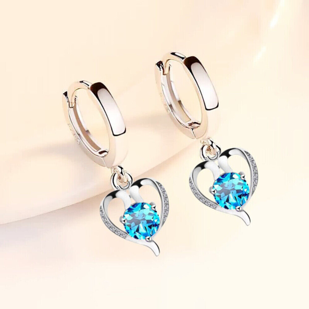 (Blue) Silver 925 Sterling  Heart Huggie Earrings Women
