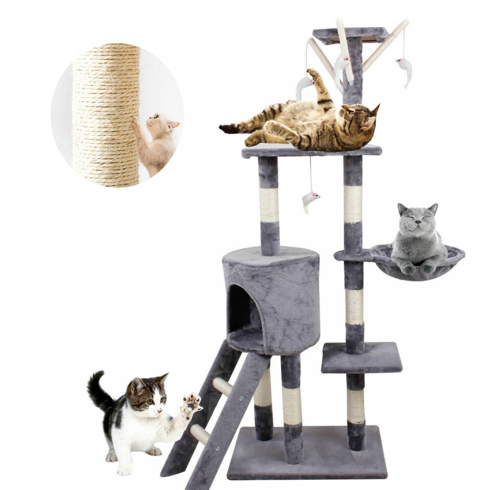 Multi Level Cat Tree Tower Cats Scratching Post with Sisal Rope Kitten Activity Centre for Play Relax and Sleep Grey 140cm Height