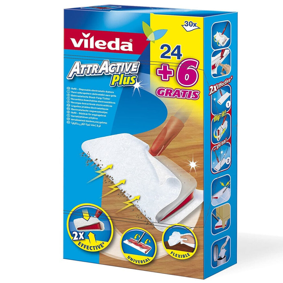 Vileda AttrActive Plus Disposable Electrostatic Dust Capture Cloth Replacement 24+6 Pieces - 2275