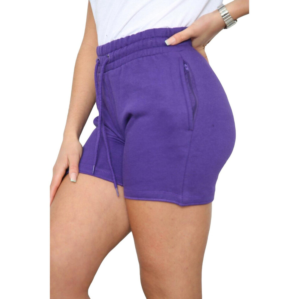 (L, Purple) Women Fleece Shorts Elasticated Waist Casual Pants