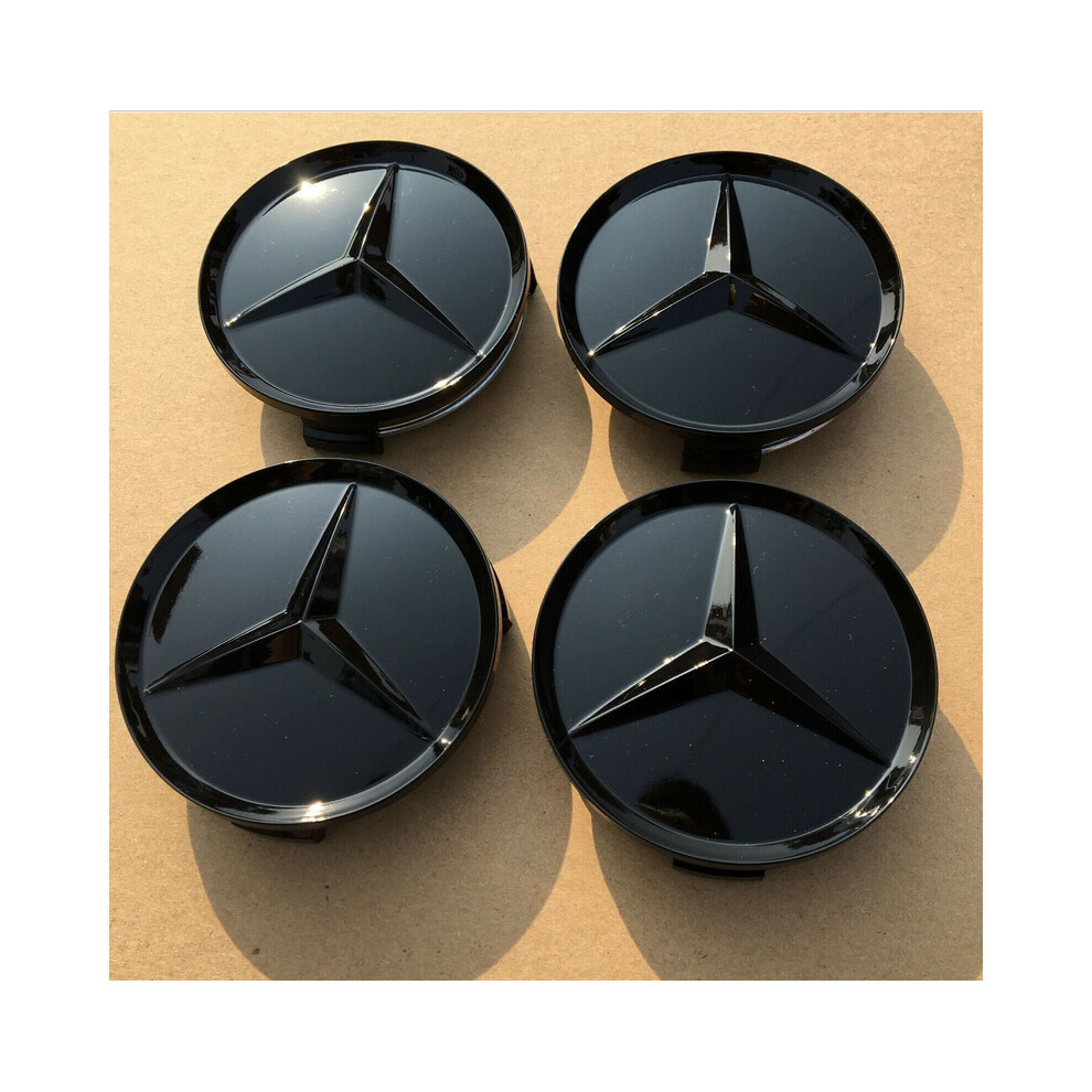 4X Wheel Center Caps 75mm Glossy Black Hubcap Cover for Mercedes Benz