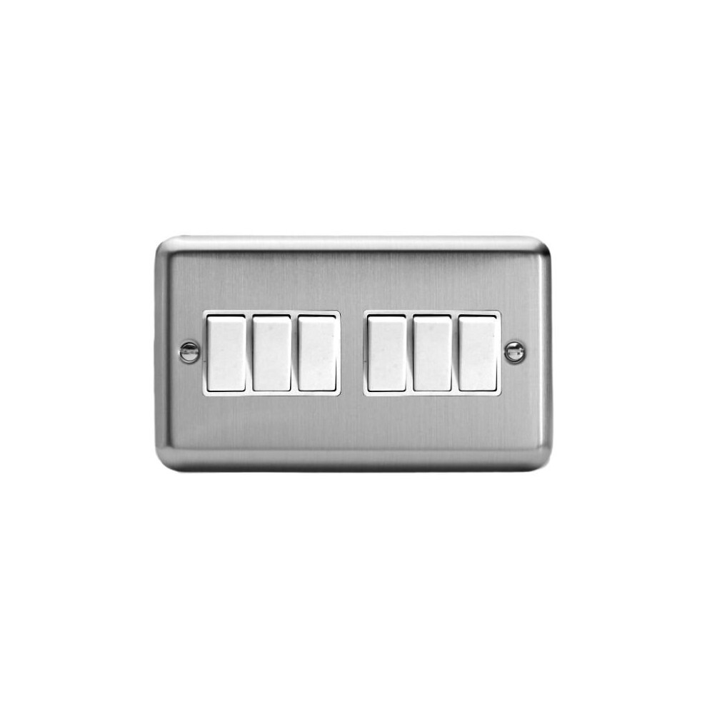Varilight Xs96w 6 Gang 2 Way 10Amp Switch Twin Plate Matt Chrome (White Inserts) 5021575830842