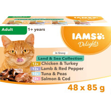 IAMS Delights Complete Wet Cat Food for Adult 1+ Cats Meat and Fish Variety in Gravy Multipack 48 x 85 g Pouches