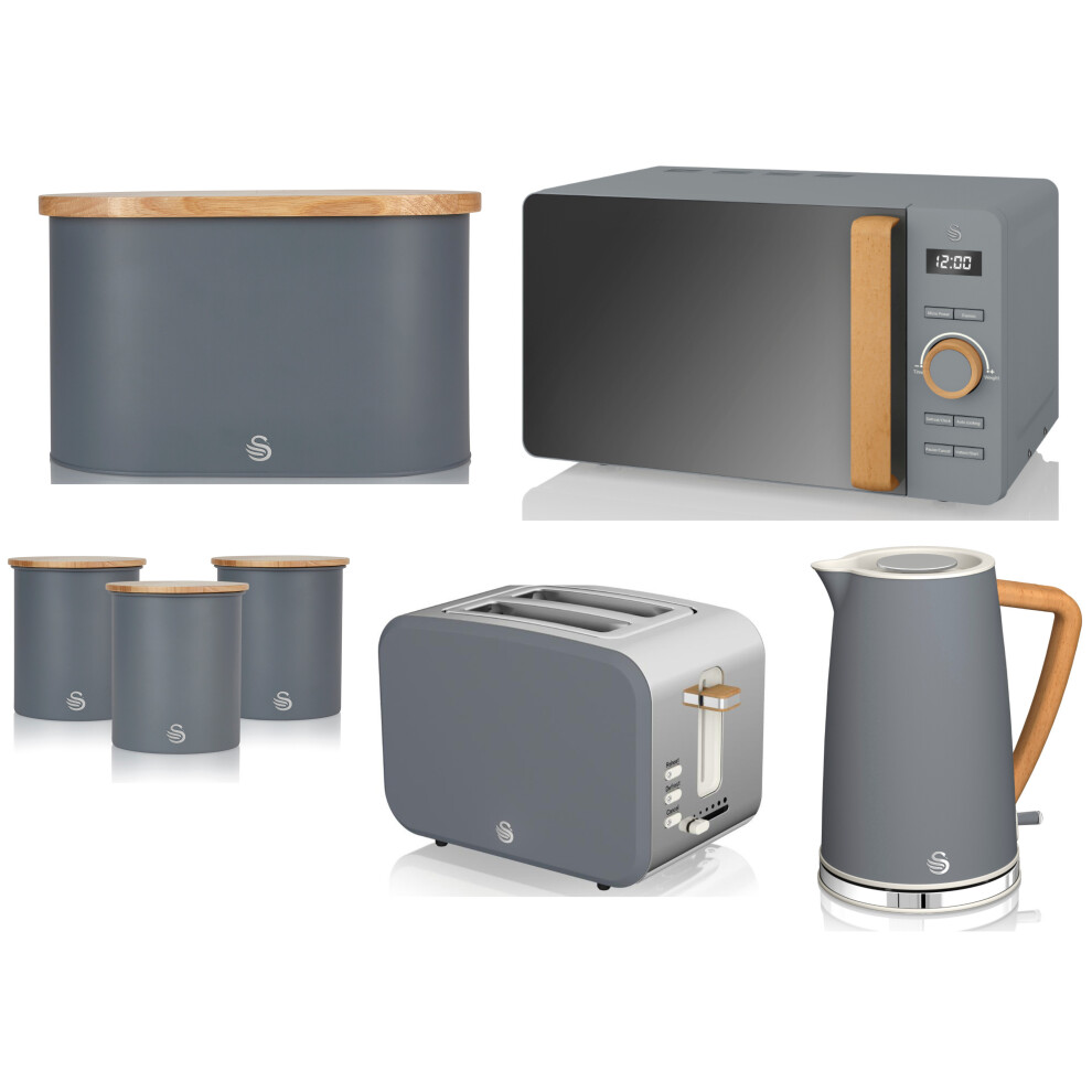 Swan Nordic Kettle 2 Slice Toaster Microwave Breadbin & Canisters Grey