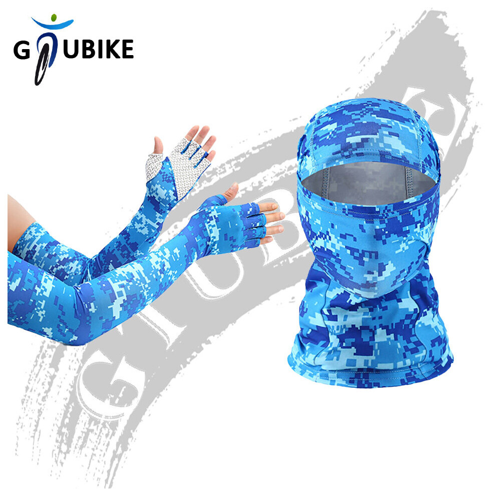 (A-Camo ) Gtubike Outdoor Balaclava And Sleeves Half-Finger Glove Unisex Sunscreen Anti-Uv Sleeves Breathable Mask Cycling Hiking Headwear Blue 4856685947194