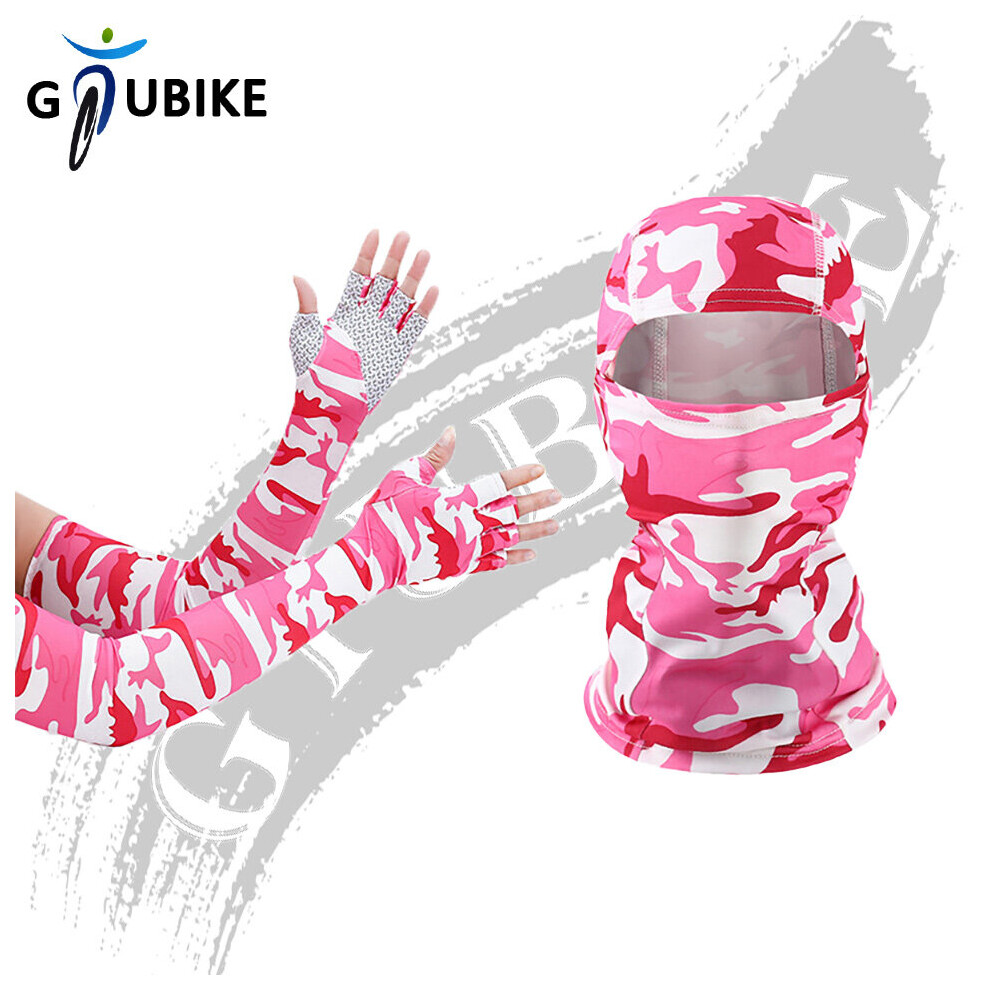 (A-Camo Rose ) Gtubike Outdoor Balaclava And Sleeves Half-Finger Glove Unisex Sunscreen Anti-Uv Sleeves Breathable Mask Cycling Hiking Headwear Red 4856685947248
