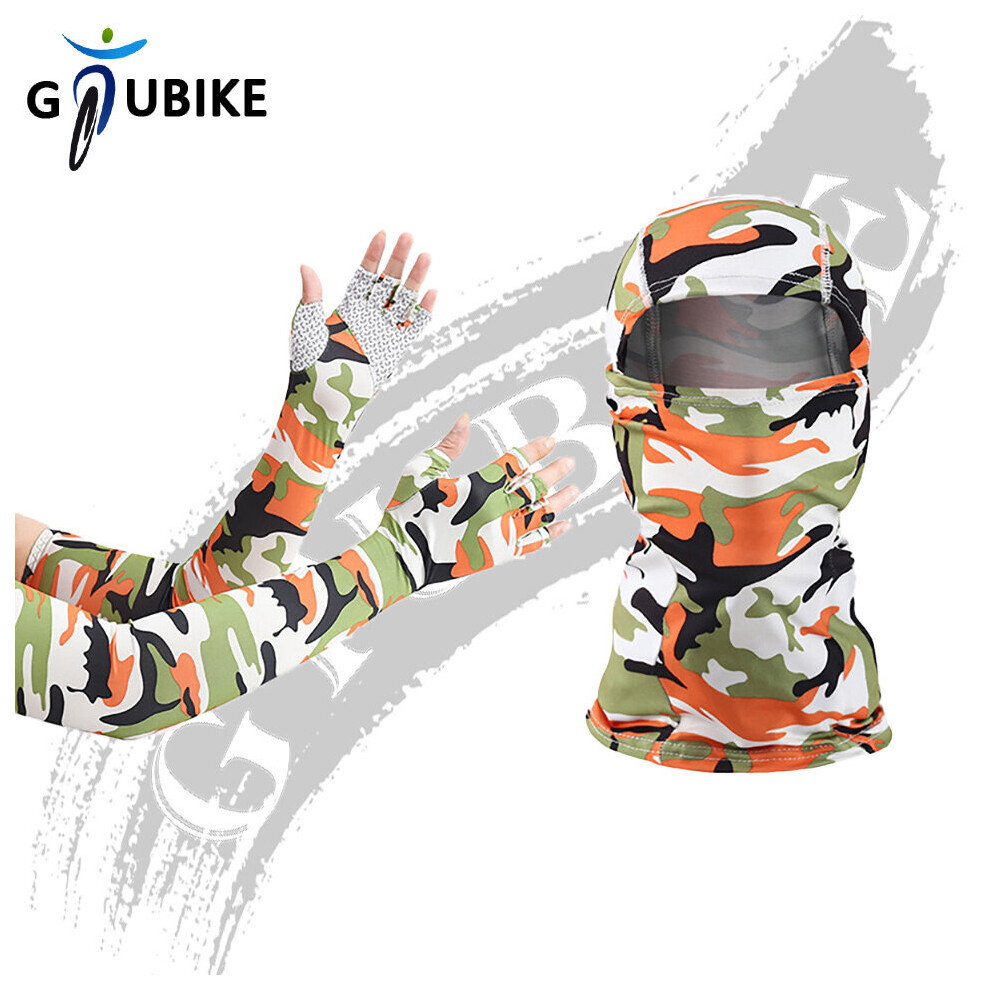 (A-Camo ) Gtubike Outdoor Balaclava And Sleeves Half-Finger Glove Unisex Sunscreen Anti-Uv Sleeves Breathable Mask Cycling Hiking Headwear Orange 4856685947224