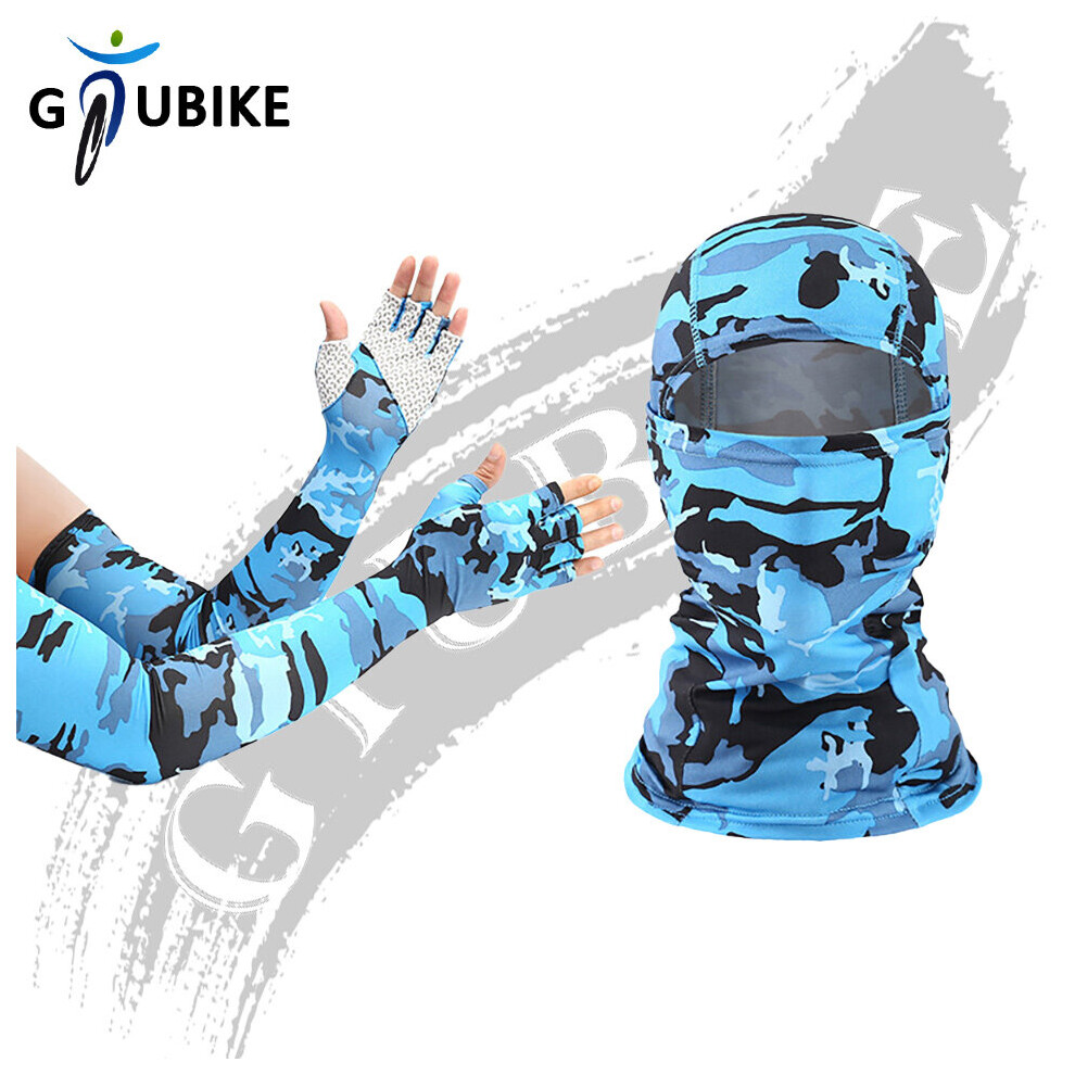 (A-Camo Sapphire) Gtubike Outdoor Balaclava And Sleeves Half-Finger Glove Unisex Sunscreen Anti-Uv Sleeves Breathable Mask Cycling Hiking Headwear 4856685947255