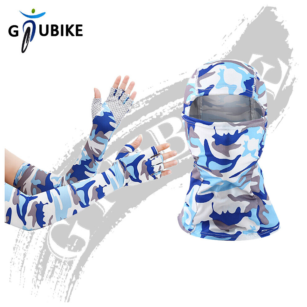 (A-Camo Sky ) Gtubike Outdoor Balaclava And Sleeves Half-Finger Glove Unisex Sunscreen Anti-Uv Sleeves Breathable Mask Cycling Hiking Headwear Blue 4856685947262